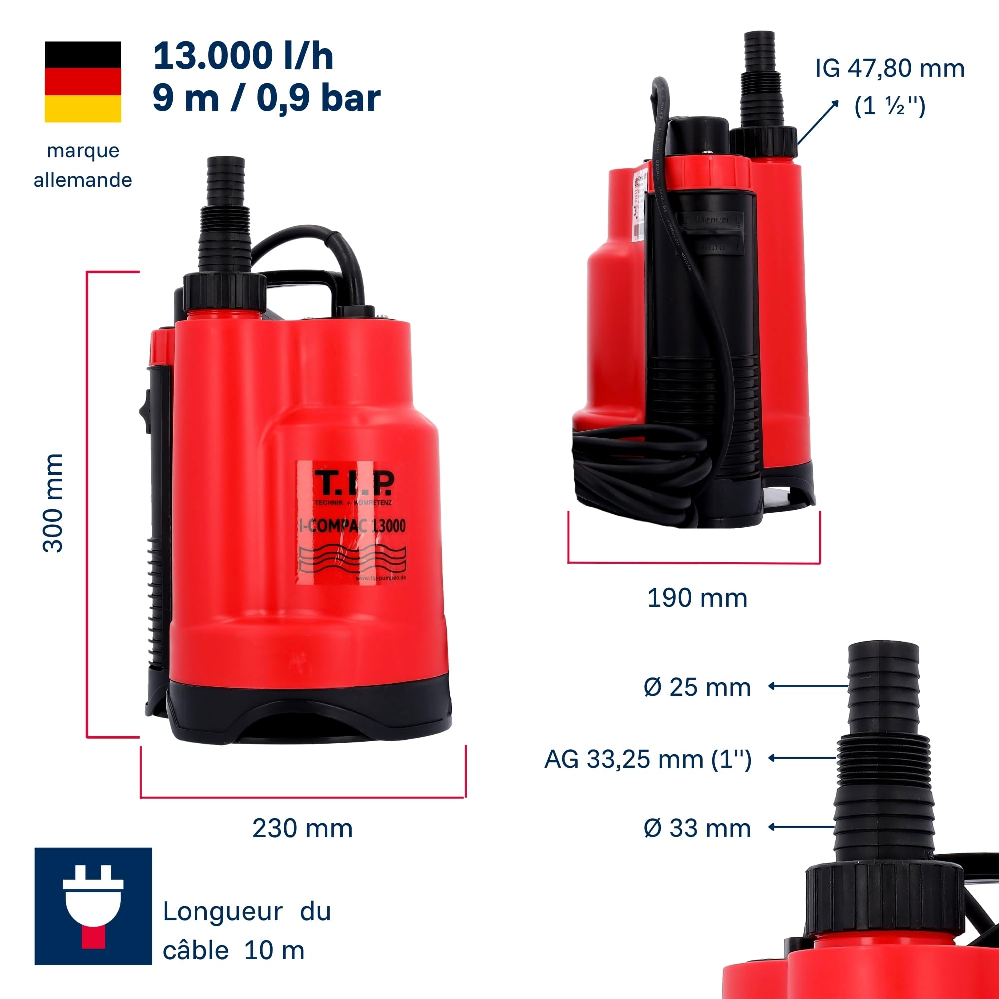 T.I.P. Pompe submersible I-Compac 13000 Puissante et Intelligente pour Jardin et Bassin 750 W Débit 13000L/h