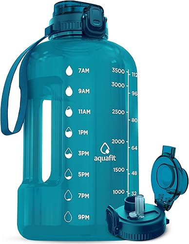 AQUAFIT Botella de agua de 1 galón con marcador de tiempo, botella de agua de 128 onzas con popote, botella de agua para el gimnasio, botella de