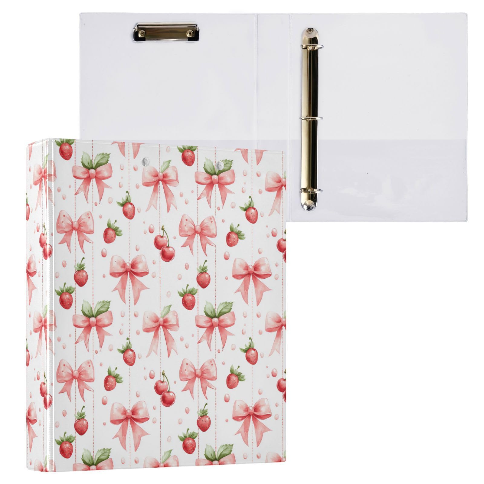 PDYRLEN Cute Bows Strawberries 3 Ring Binder, 1.5 Inch Round Ring Binders Clipboard Work Binders Organizer with Pockets Holds 200 Sheets for School