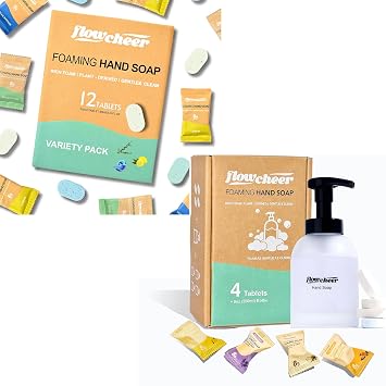 flowcheer Foaming Hand Soap Tablet Refills 12 Count & Glass Foaming Soap Dispenser Combo - Frosted Real Glass Bottle 11 oz