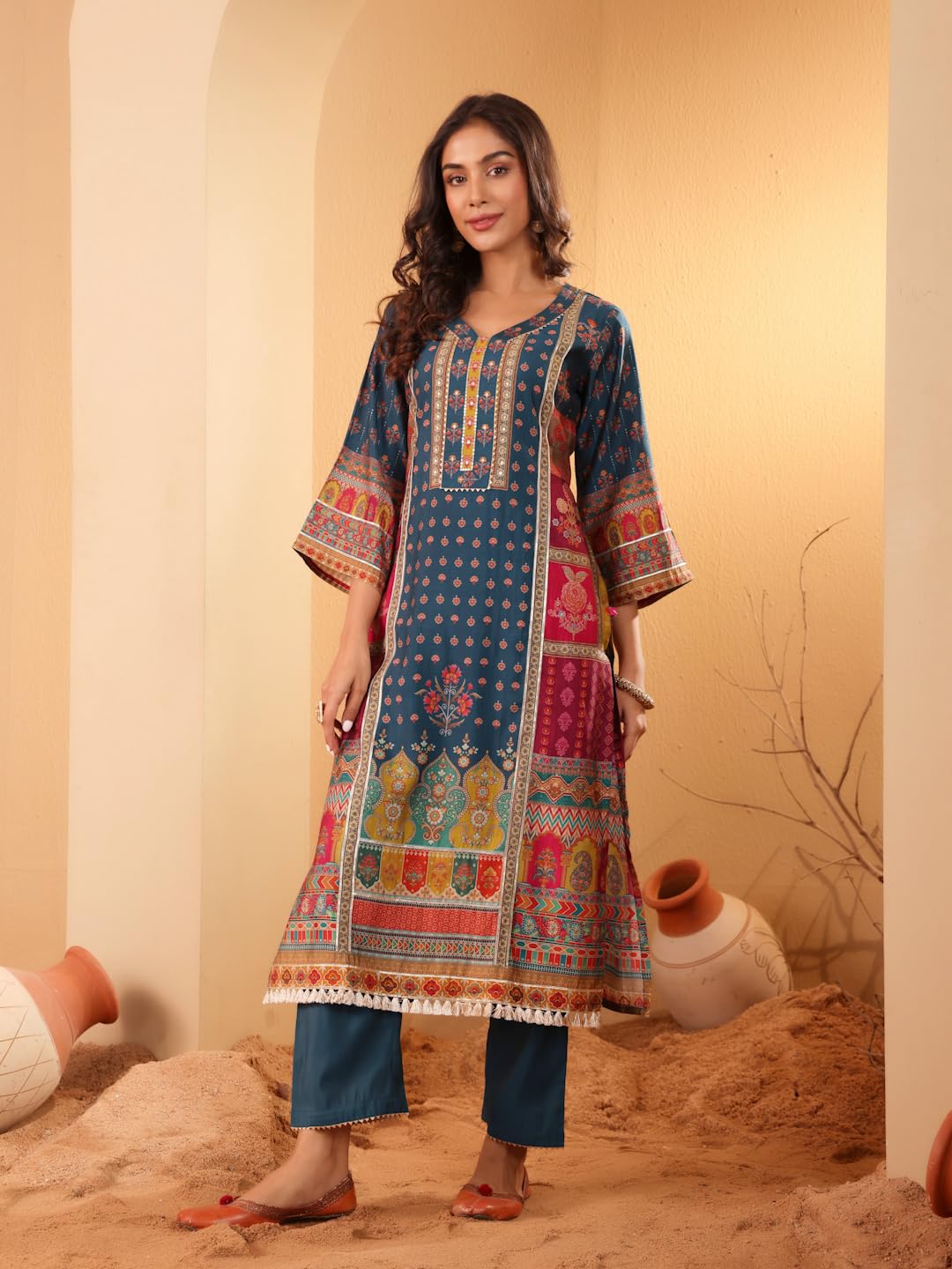 Varanga Women Teal Blue Ethnic Printed Straight Kurta With Trouser  Stylish And Comfortable Ethnic Set