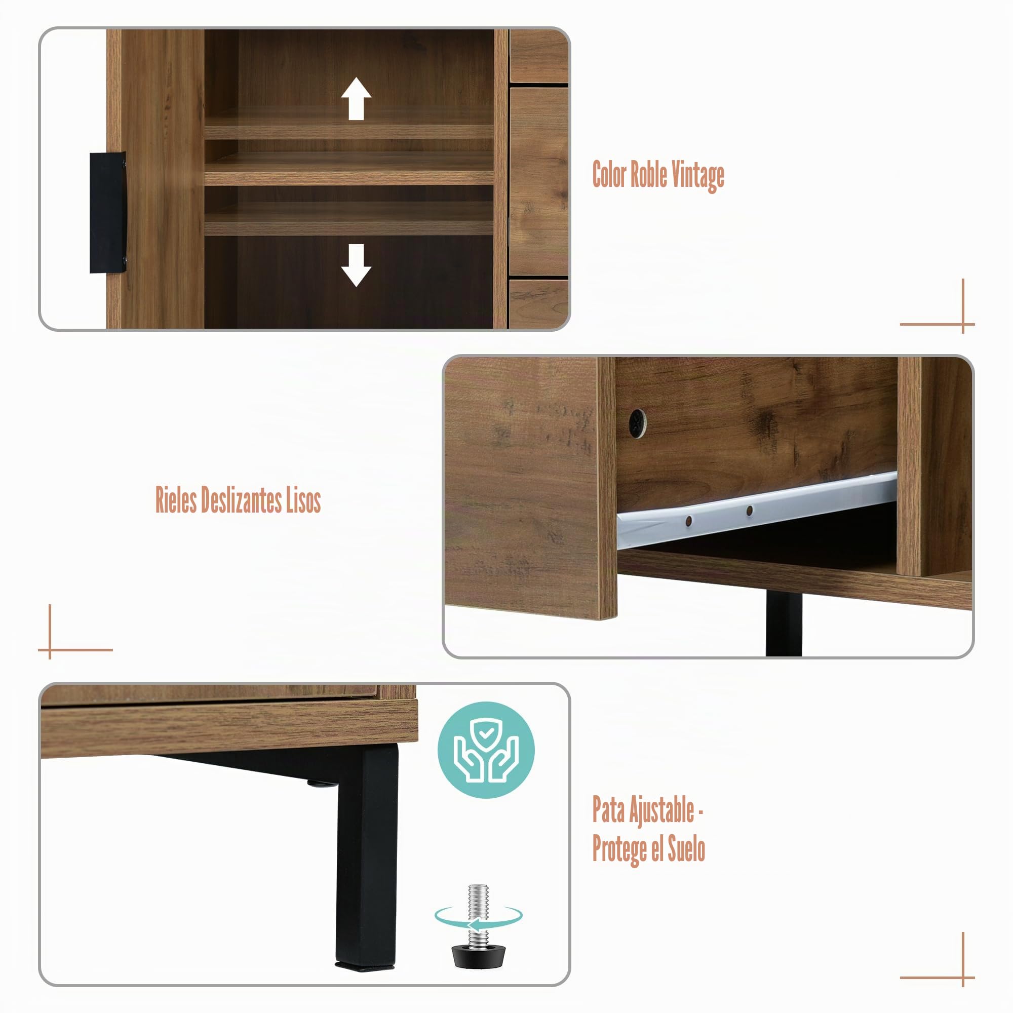 Merax Aparador cómoda con 2 puertas y 3 cajones de 120 cm, armario buffet con estante ajustable, armario de almacenamiento en roble oscuro, patas metálicas, para dormitorio, salón, 120 x 40 x 76 cm