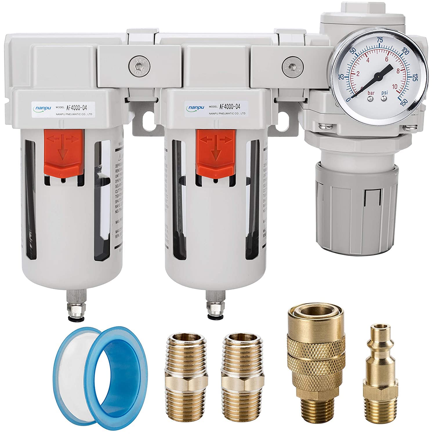 NANPU DFR-03 3/8" NPT Air Drying System - Double Air Filters, Air Pressure Regulator Combo - Semi-Auto Drain, Poly Bowl — Amazon image 8