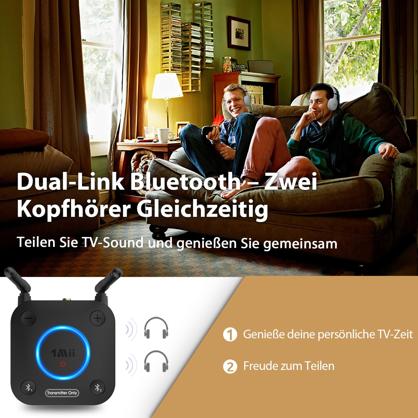 1Mii B06TX Bluetooth 5.3 Transmitter für TV mit aptX HD & Low Latency, Großer Reichweite Audio Adapter für 2 Kopfhörer oder Lautsprecher, 3,5mm AUX/Optischer/Koaxialer Ausgang, Lautstärkeregelung