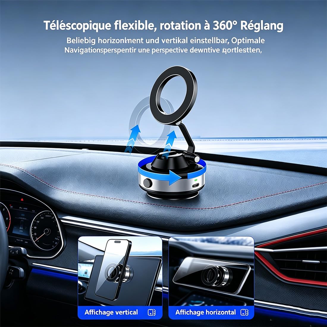 Support de Téléphone Fromevo, Support Telephone Voiture Ventouse, 360° Réglable Accessoires Auto, Stable et Antidérapant, Compatible Tous Smartphones, Idéal pour Bureau, Voiture, Appels et Vidéos (A)