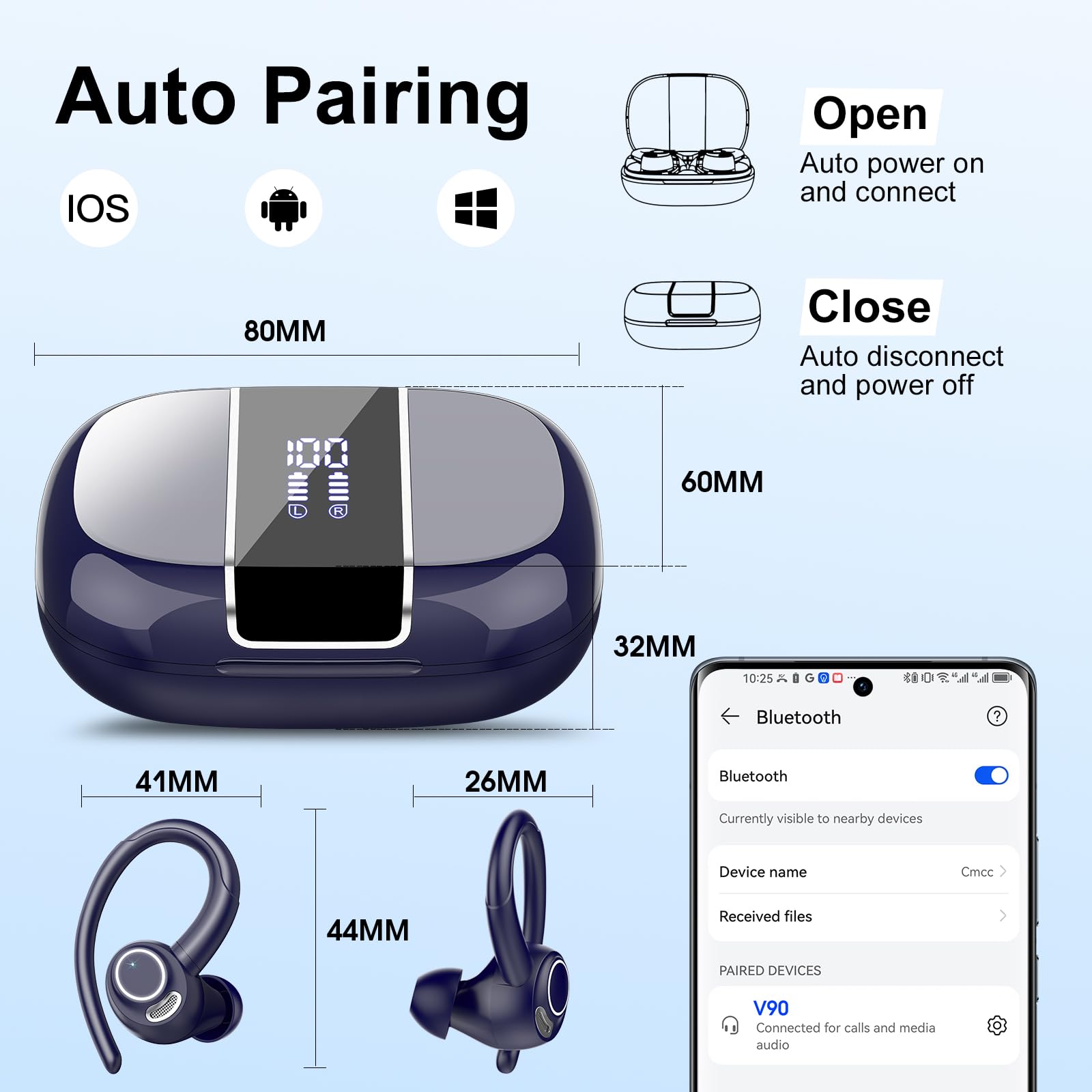Csasan Ecouteurs Bluetooth sans Fil Sport, 48H Écouteurs Bluetooth 5.3 avec CVC8.0 Antibruit, IP7 Étanche Oreillette Bluetooth Contrôle Tactile, Écran LED Casque Bluetooth Bleu Foncé