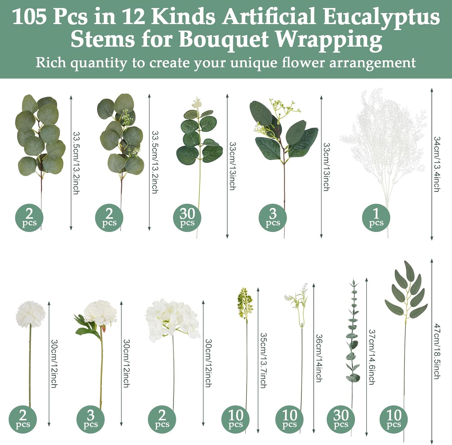 Eucalyptus Stems Artificial Greenery Artificial Plants & Flowers Green White Faux Eucalyptus Leaves Picks Bulk for DIY Bridal Bouquets Wedding Decorations Floral Arrangements Home Decor Centerpieces - Image 2