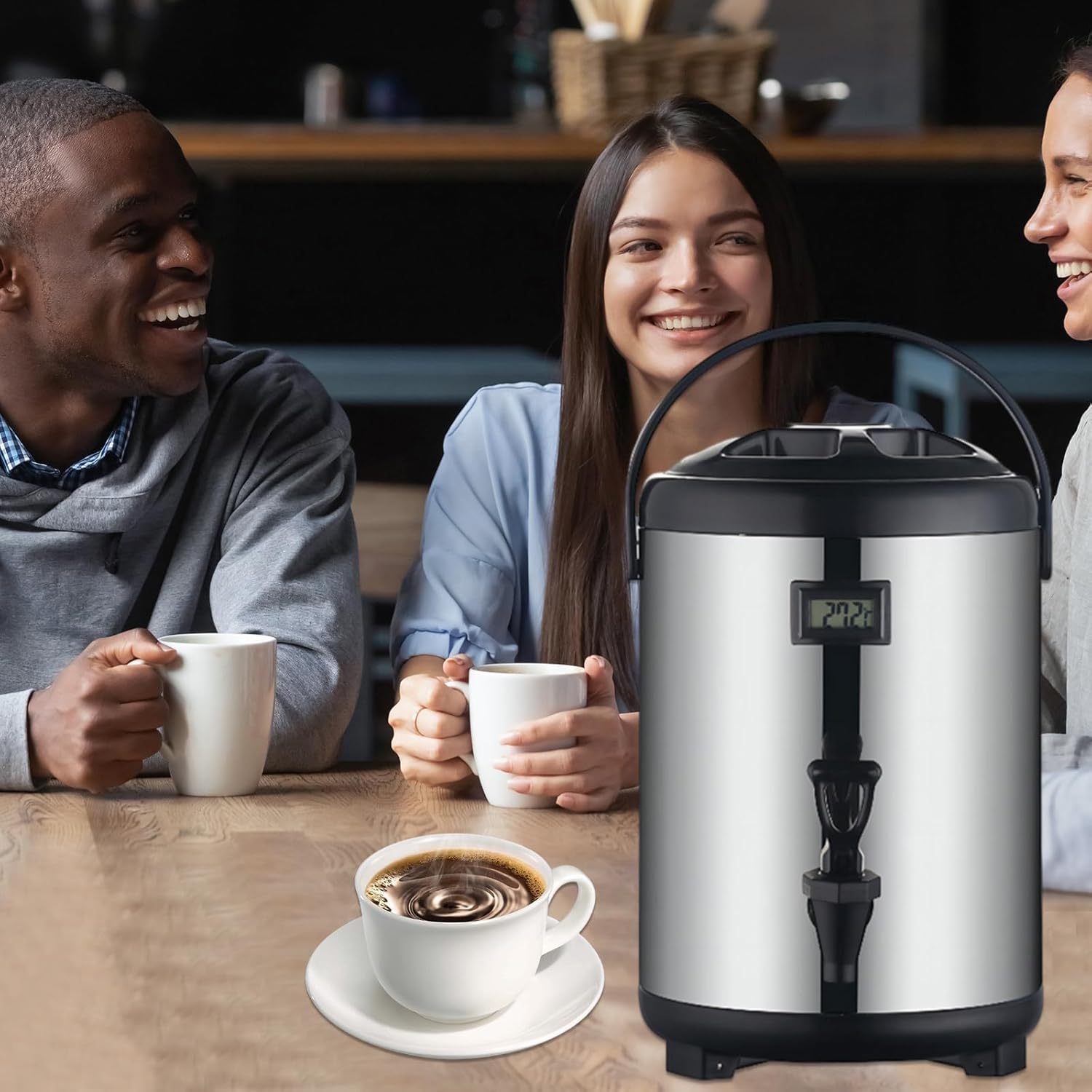 AIZYR Insulated Beverage Dispenser Water Jug with Thermometer Faucet, Stainless Steel Coffee Dispenser Drink Dispense for Coffee Milk Tea,6L