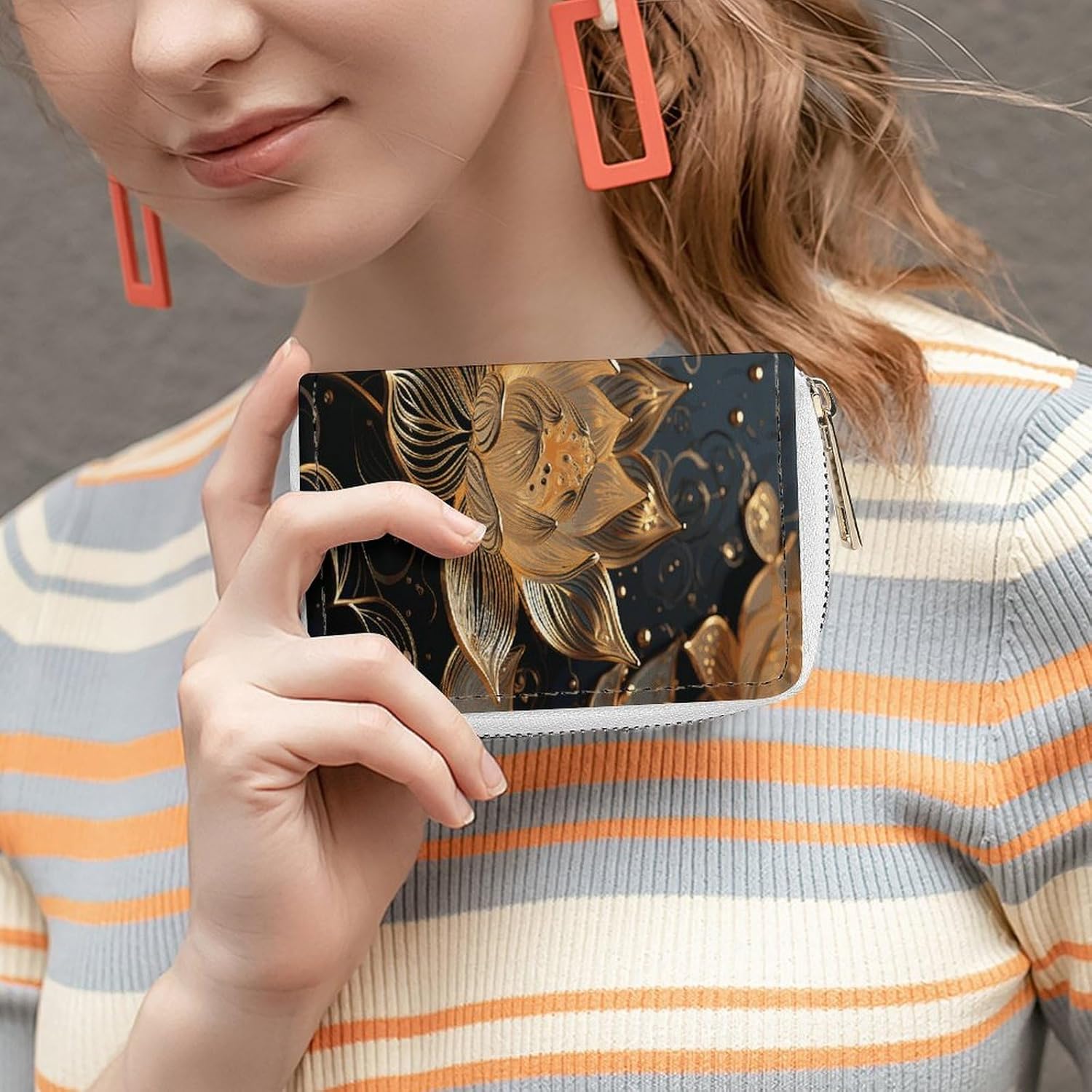 Boho Gold Lotus Flowers Card Holder RFID Blocking,Credit Card Wallet for Women And Men,Card Case Organizer Bag with Zipper