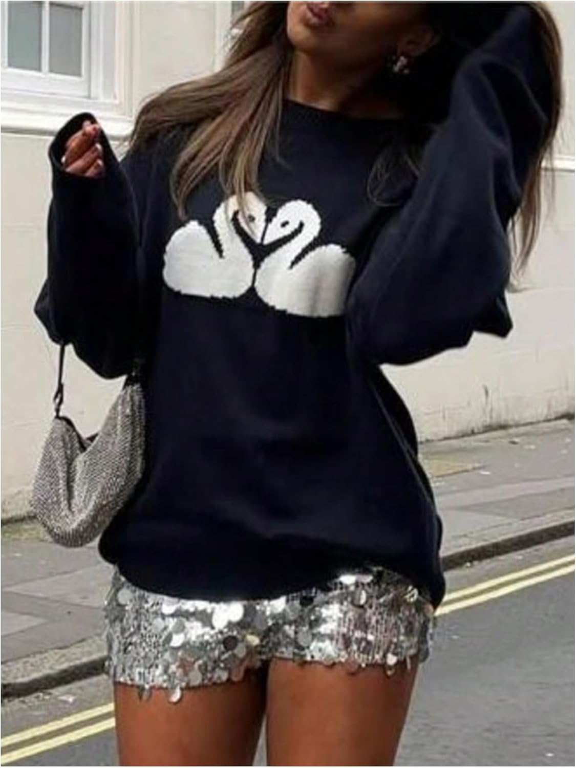 SweatyRocks Women's Swan Print Crewneck Sweaters Long Sleeve Knit Pullover Tops Fall Knitwear - Image 2