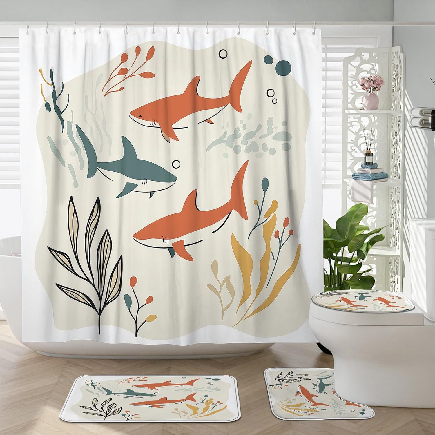 4PCS Kids Cute Shark Bathroom Accessory Sets with Non-Slip Rug, U Shape and Toilet Lid Cover Mat, Simple Fun Cartoon Ocean Bathroom Decorative-72''x72''