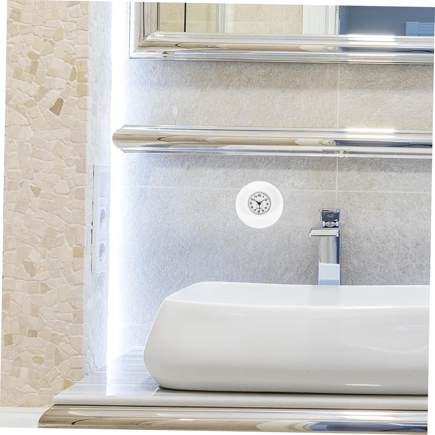 Bathroom Clock with Suction Cup Stylish Glass Mirror Wall Clock for Shower and Kitchen Space-Saving Modern Design and Easy to Install White Vintage Style
