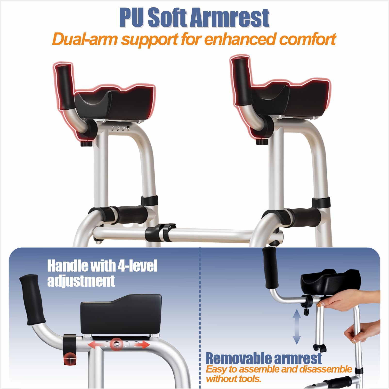 Andador plegable con almohadilla para reposabrazos, andador vertical para personas mayores, ayuda de movilidad de pie para interiores y exteriores, capacidad de peso de 300 libras, altura ajustable