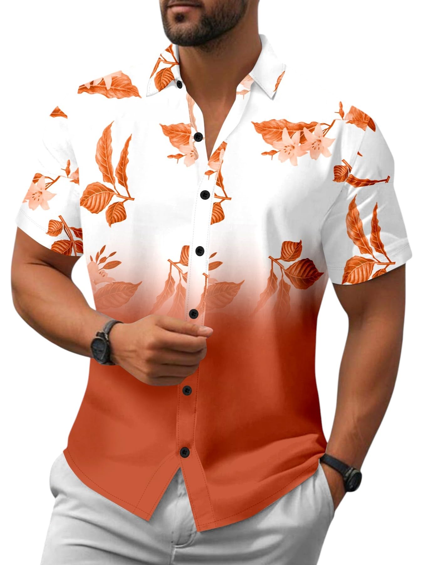 LAMBOO Men Stylish Floral Print Fashionable Lycra Blend Half Sleeve Slim Fit Button Down Casual Shirt (in, Alpha, XL, Regular, Orange)