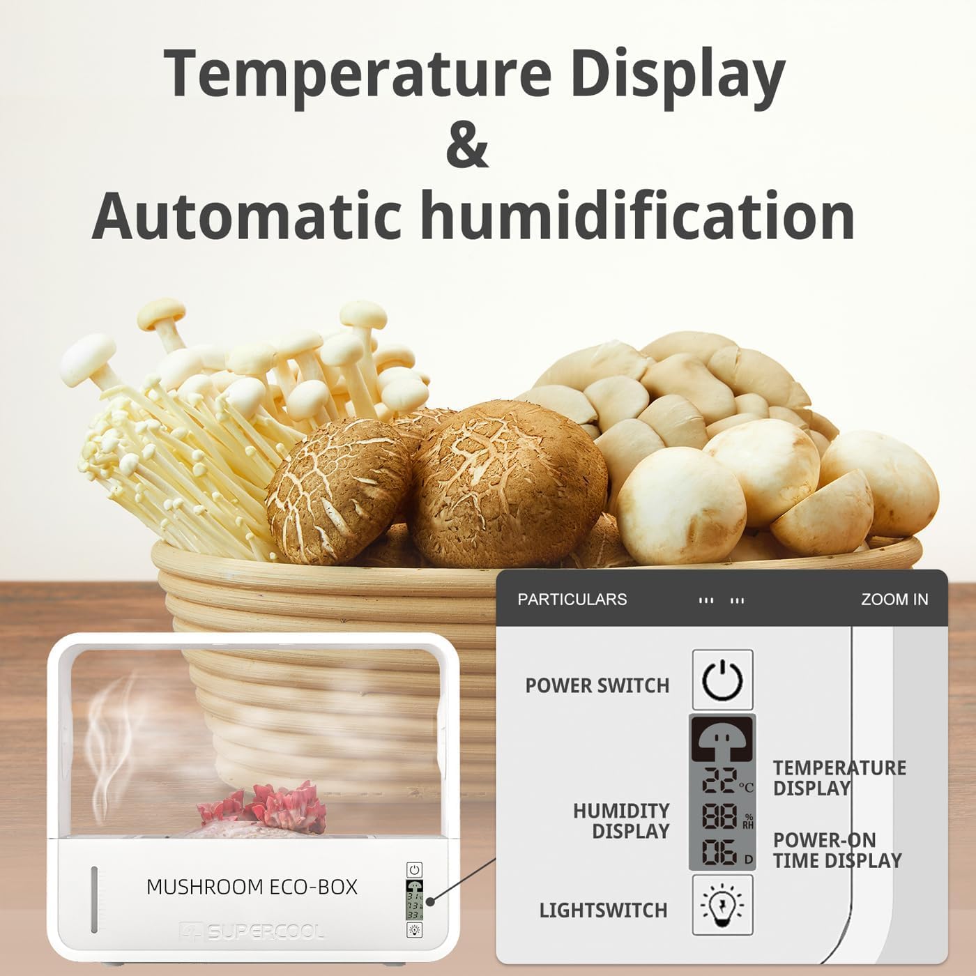 Cámara de cultivo de hongos automatizada: caja de aire inmóvil con temperatura/humedad controlada, LED de espectro completo, filtro HEPA y pantalla digital