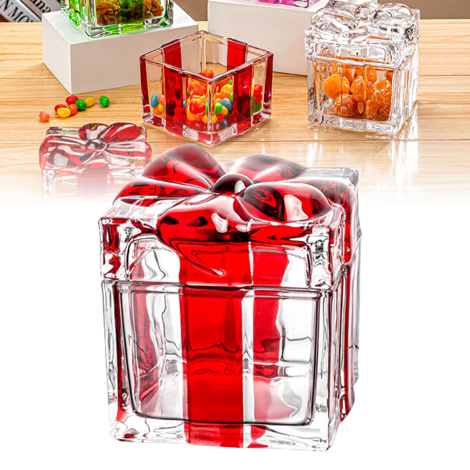 RIZGHWOY Biscottiera Natalizia, Elegante Centrotavola Festivo con Vetro Resistente Agli Urti e Coperchio Ermetico per Decorare Torte e Caramelle (4,13x4,13x4,13 pollici Rosso)