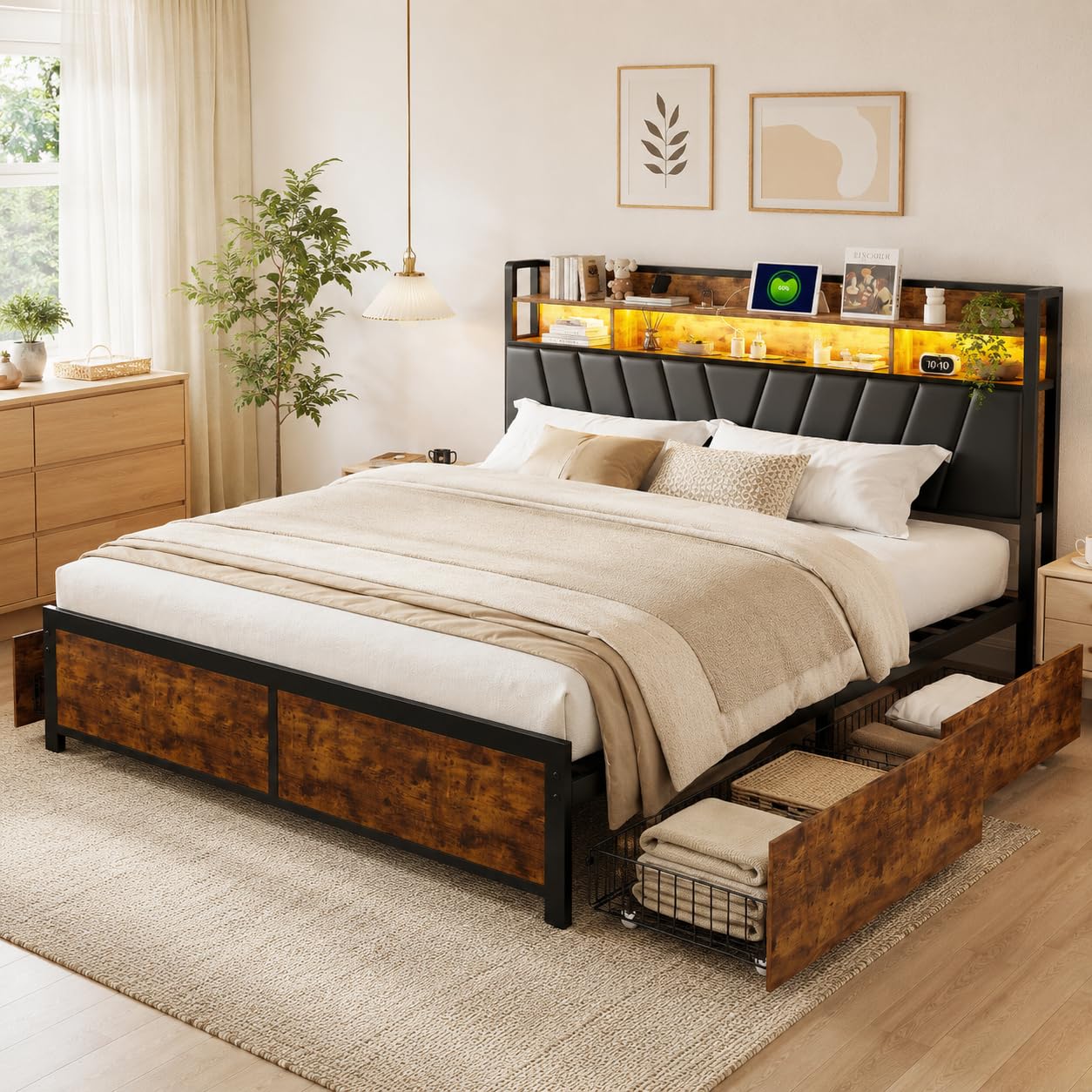 Doppelbett 180x200 cm Metall Holz 4 Schubladen App LED USB Steckdose Bett