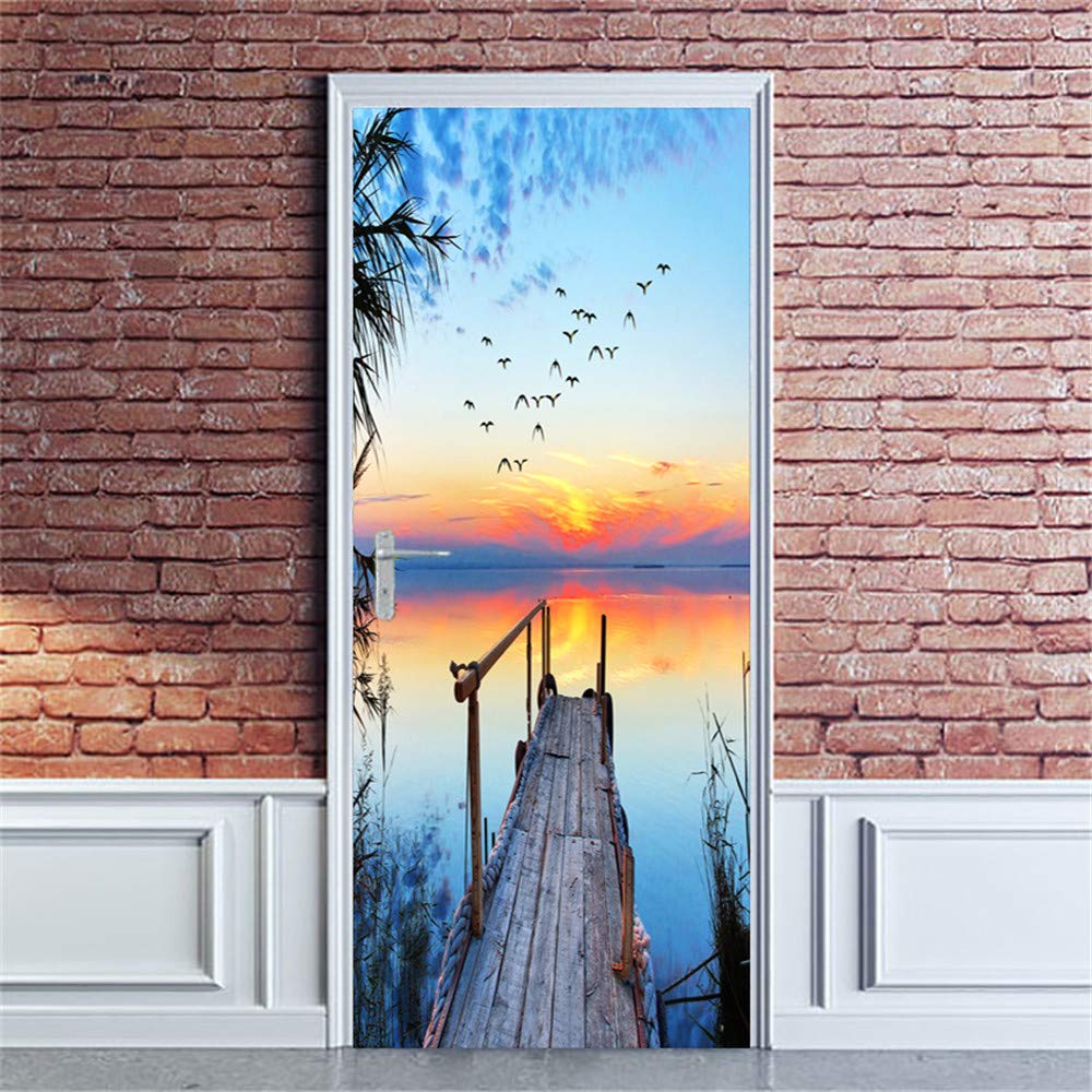 Stickers Décoration De Paysage 3D Porte en Bois Autocollant Salon Chambre PVC Amovible Auto-Adhésif Sticker Mural pour Porte Étanche Affiche Murale Murale Scène 77 * 200 Cm