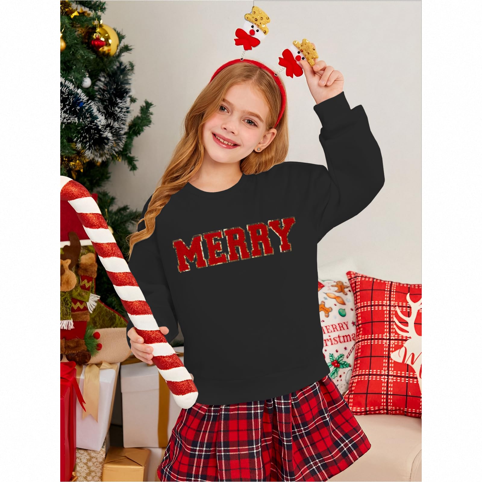 CM C&M WODRO Sudadera de Navidad para niñas de 7 a 12 años, con parche de chenilla, para Navidad, vacaciones, cuello redondo, camiseta de manga larga