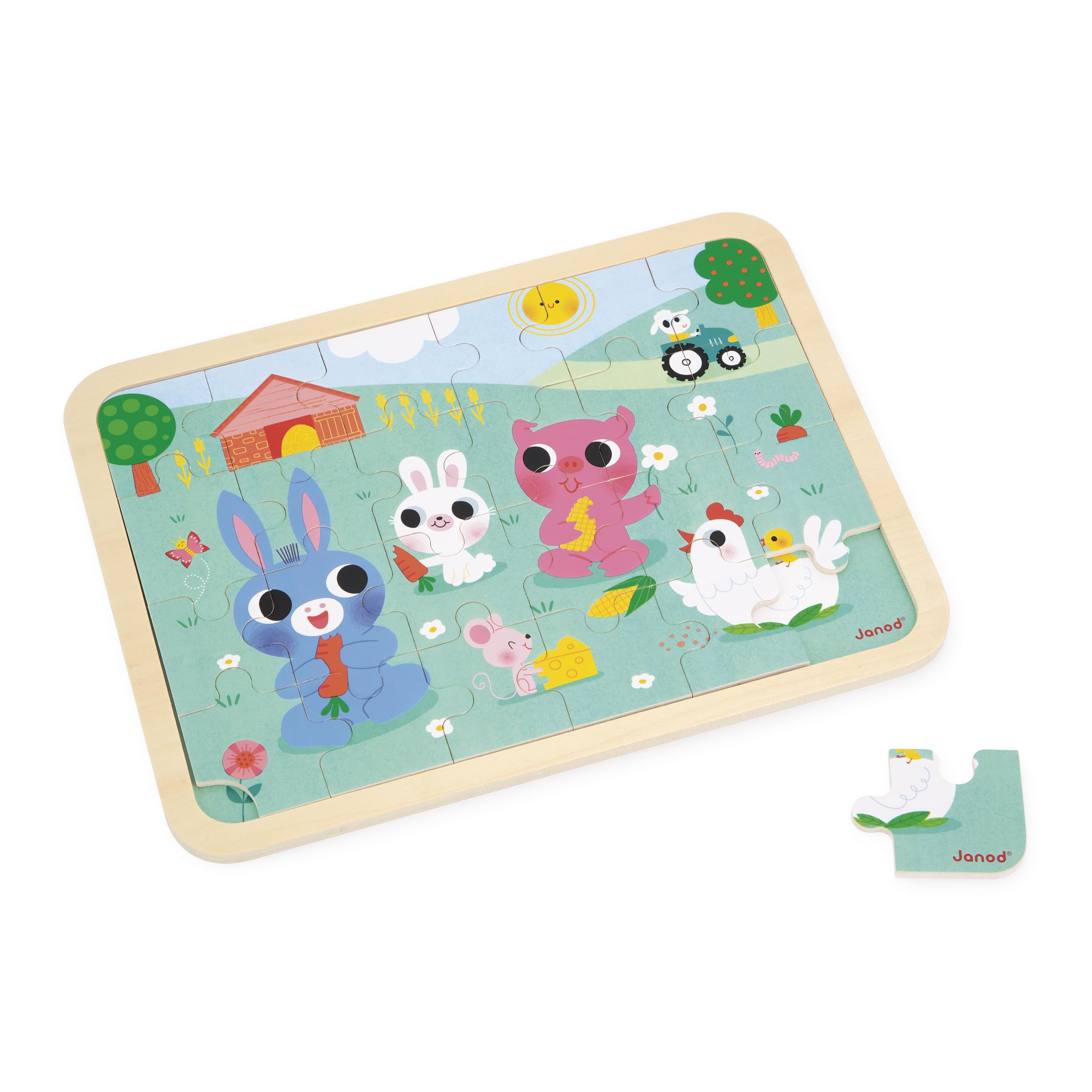 Janod, Wooden Puzzle 24 Pieces Children From 4 years, Farm Theme, Model included + 5 Errors Game on the Board