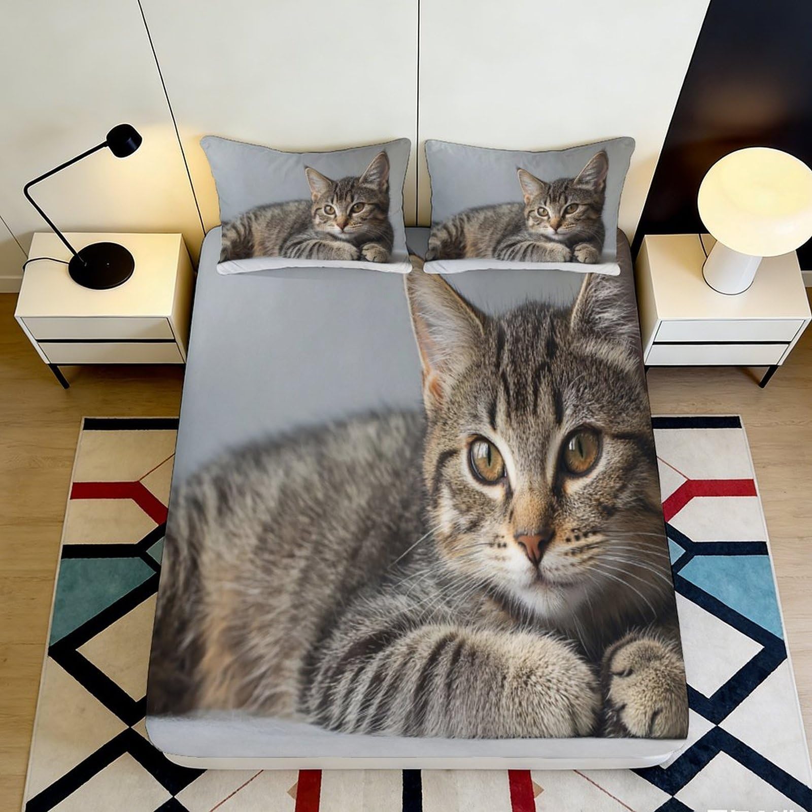 3D Printed Tabby Cat Fitted Sheet Microfiber Soft Breathable Realistic Cat Face Bed Cover for Bedroom Dorm Mattress Decor 90x200x25cm