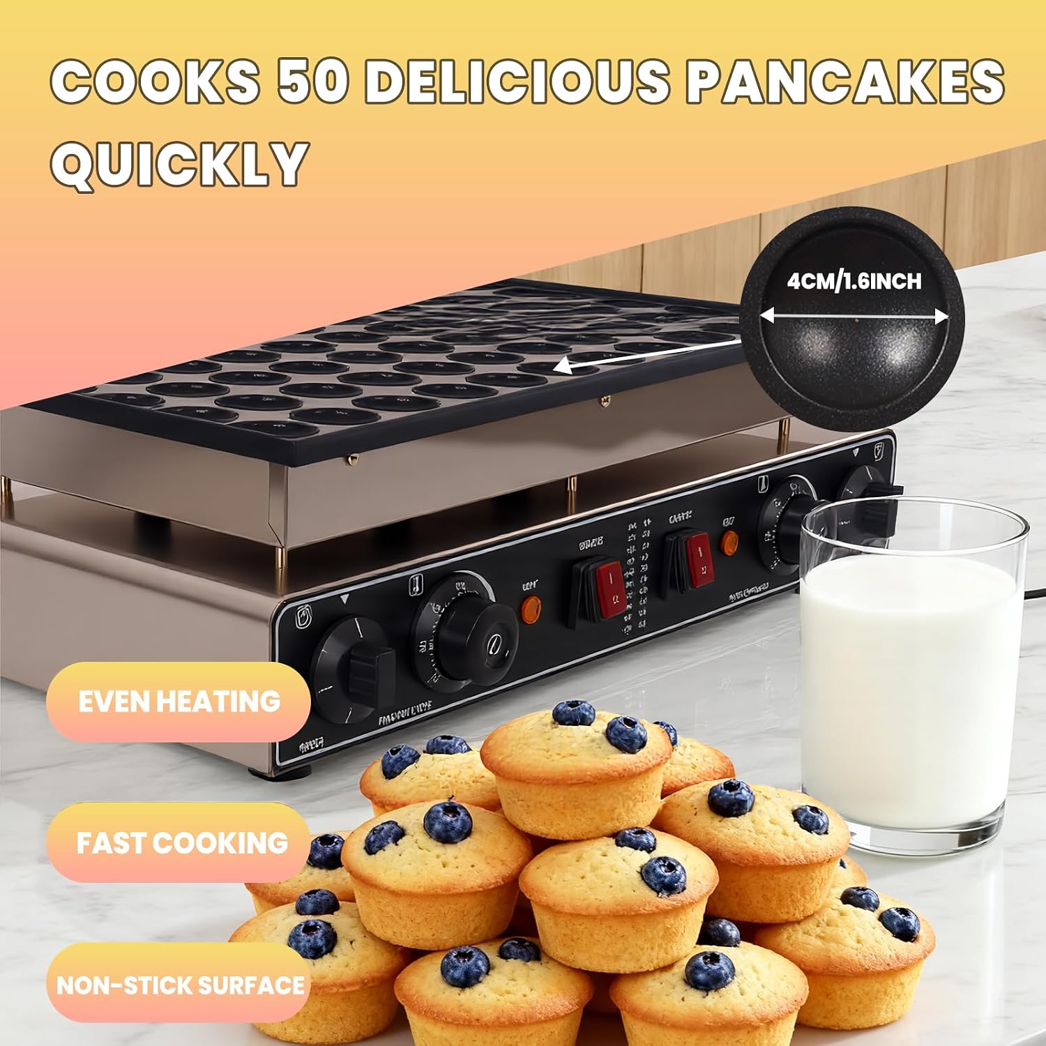 25/50PCS Large Pancake Maker, Commercial Grade Non-Stick Takoyaki Grill with Temperature Control, Ideal for Dessert Shops, Dinner Parties & Catering Event (50PCS)