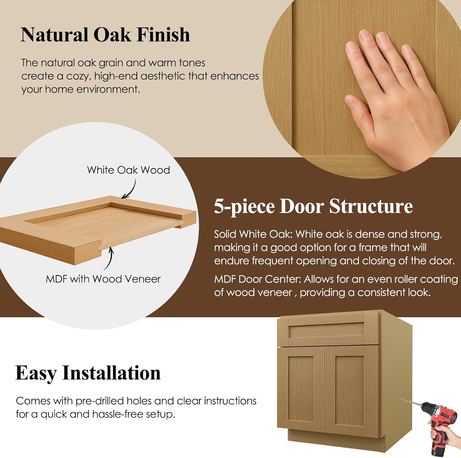 Bathroom Vanity Cabinet, Base Bathroom Vanity, 36 inch Vanity, 2 Soft Close Doors, 1 Dummy Drawer, Shaker, Painted, Unassembled, RTA (White Oak and MDF Door, 36" W X 34.5" H X 21" D)