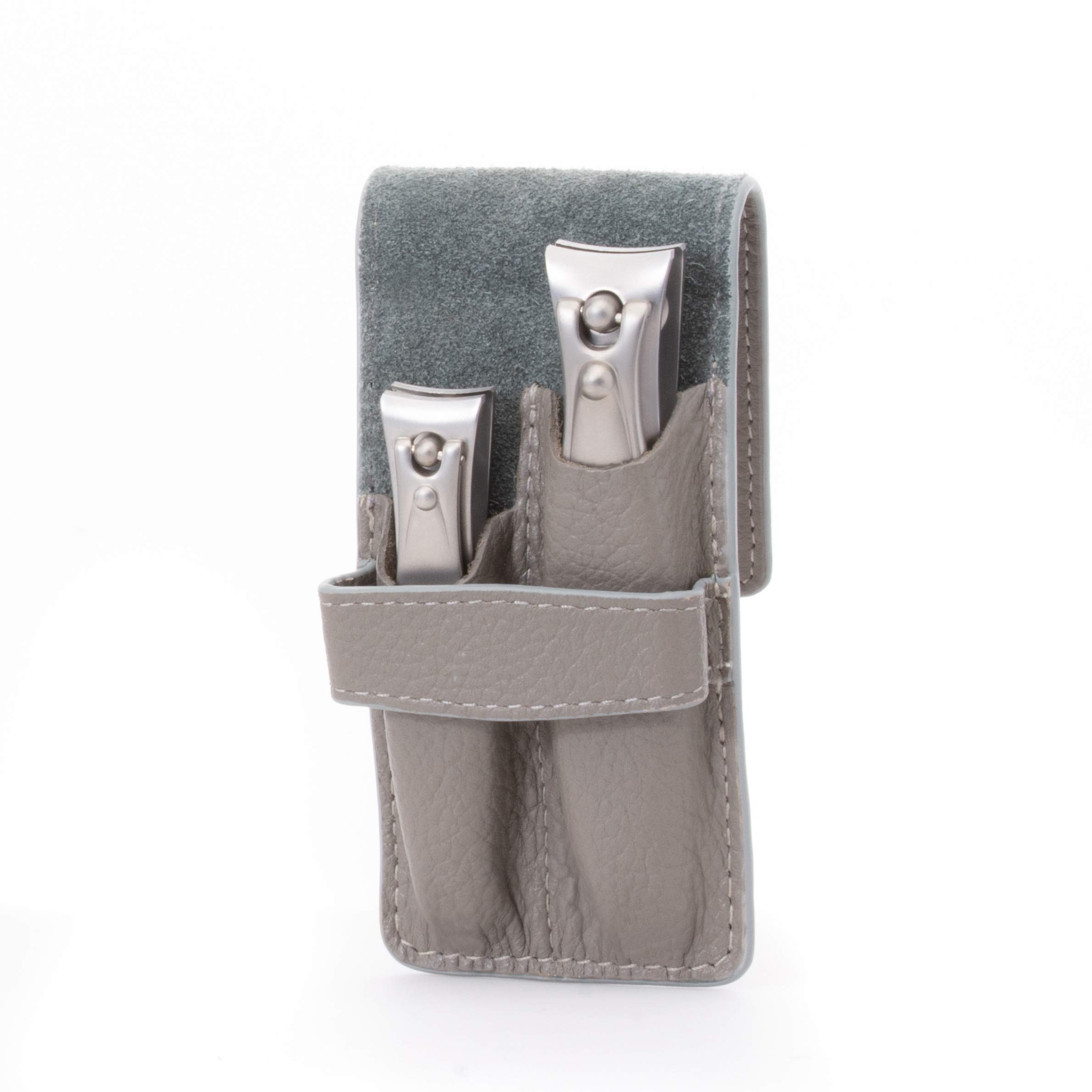 GERMANIKURE Juego de cortaúñas en estuche de cuero gris – Fabricado éticamente en Solingen Alemania, herramientas de acero inoxidable FINOX – Kit de manicura y pedicura de calidad profesional