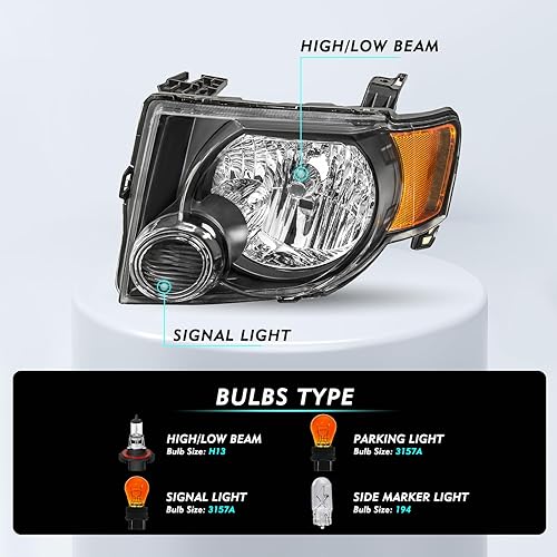 Miniatura 2 de TUSDAR Juego de faros delanteros de repuesto con bombillas para Ford Escape SUV 2008-2012, lado del pasajero y del conductor, carcasa negra con