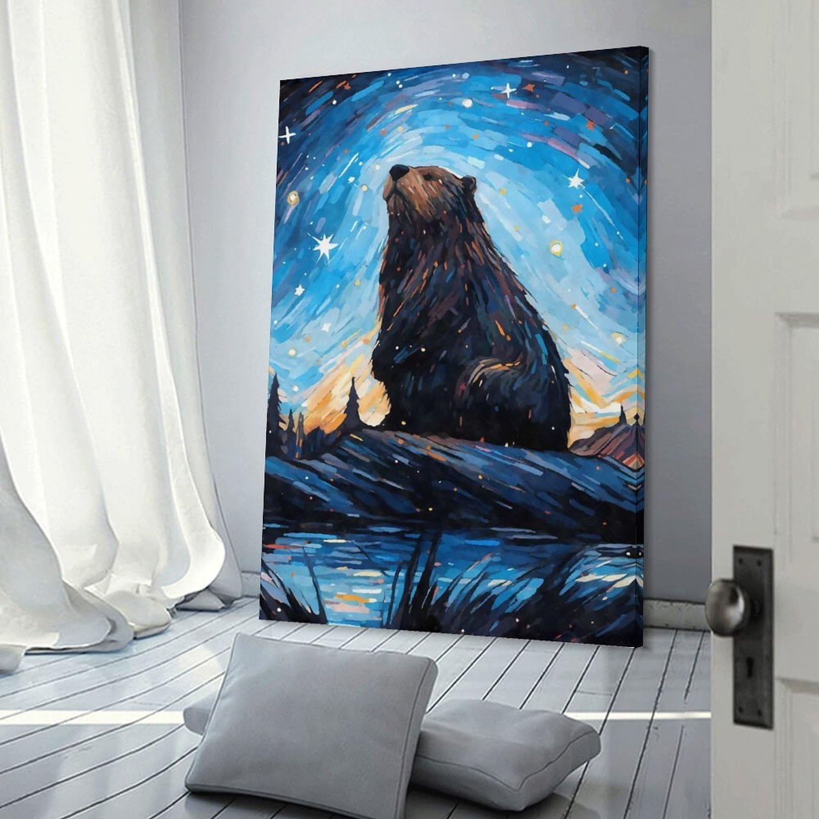 Junmoney Frame-Style-19 Canvas Wall Picture Beaver Bober Starry Night, 16X24inch(40X60cm), For Bedroom, Lounge Or Dressing Area, Stylish Decor For A Restful Room Update