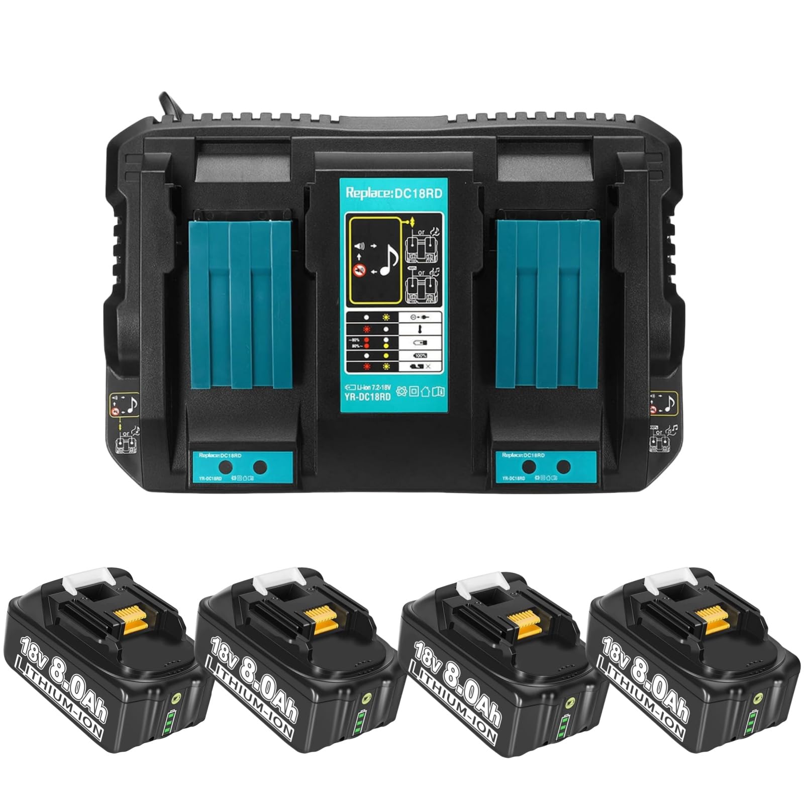 4 Pieces 8.0Ah 18V Battery Replacement for Makita 18V Battery with Charger, Compatible with Makita Battery 18V BL1850B BL1840B BL1830B BL1835 BL1840 BL1850 Cordless Tool Battery with LED Indicator — image 1