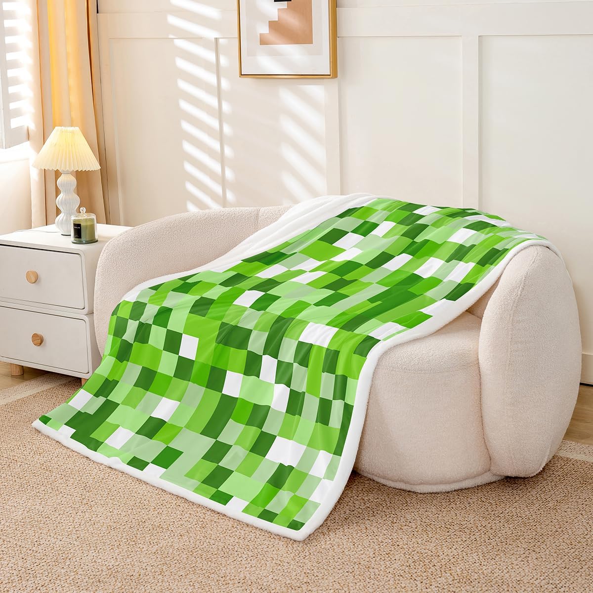 Pixel Style Games Throw Blankets,Miner Theme Fleece Blanket,Kids Girls Boys Adult Light Green Block Fuzzy Blankets Building Gaming Sherpa Blanket Chair Sofa Bed Decor,30"×40" image 2