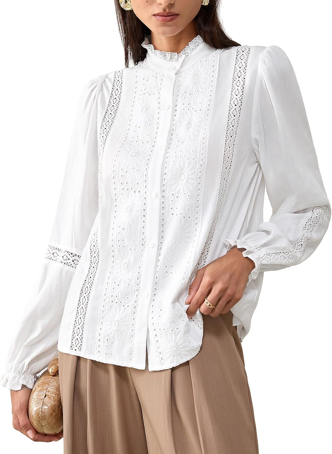 Women Lace Eyelet Button Linen Blouse,Puff Sleeves Cute Shirt Casual Top