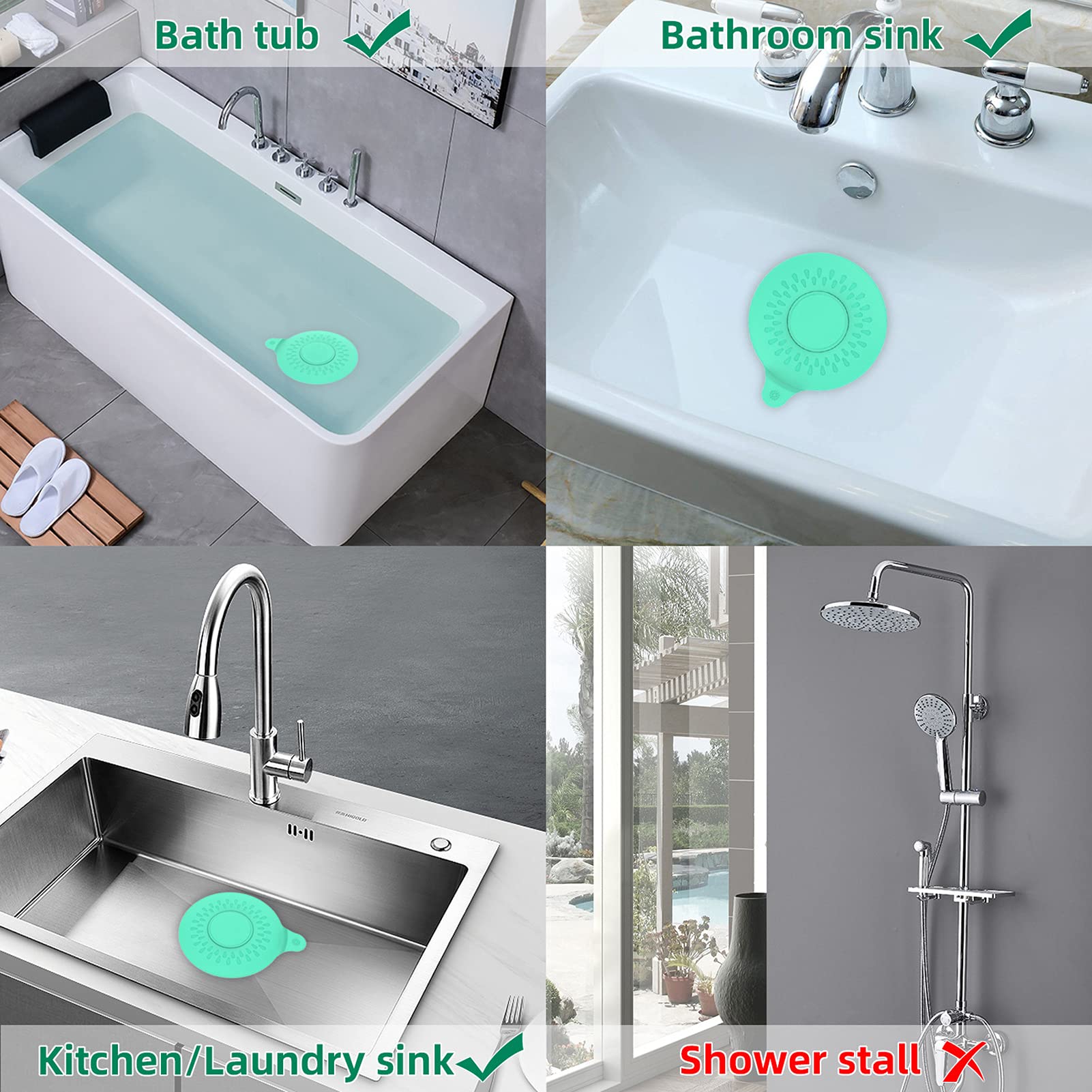 Tappo Di Scarico Universale Tappo Per Vasca Bagno in Silicone Coperchio Per Trappola D'acqua Per Cucina E Bagno, Coperchio Per Scarico A Pavimento Multifunzione Resistente Agli Odori,Verde,2 Pack