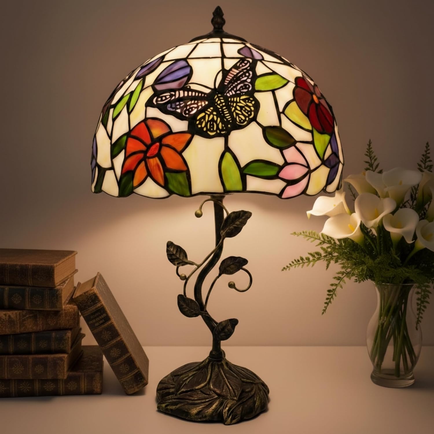 Tiffany Table Lamp, 12" Butterfly Flower Handmade Stained Glass Lamp Shade, Vintage Reading Light for Bedroom Living Room, LED Bulb Included