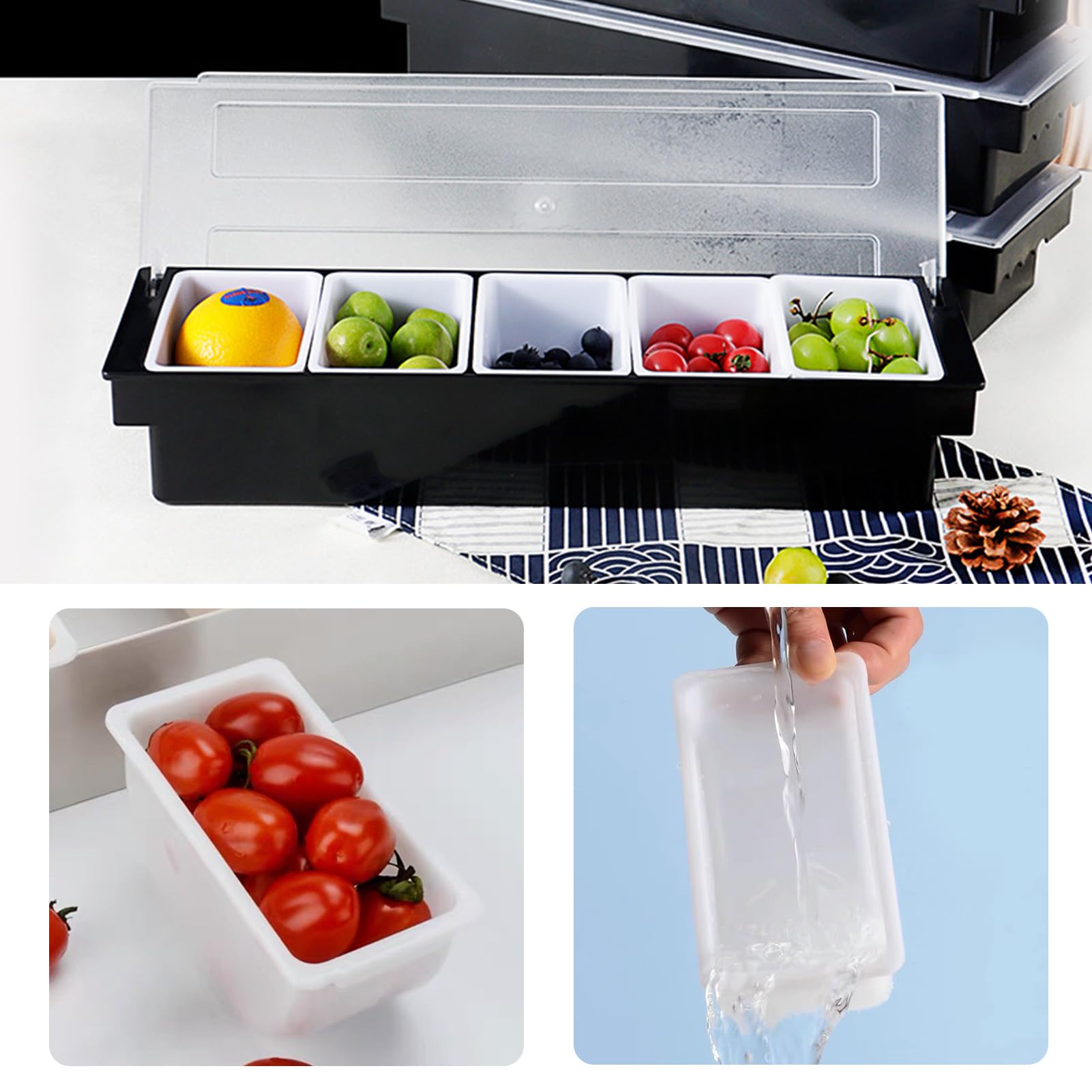 Distributeur de Condiments en Plastique, Plateau de Fruits, Garniture et Condiments 5 Compartment avec Couvercle pour Servir la Barre de Taco/Crème Glacée/Fruits/Salade
