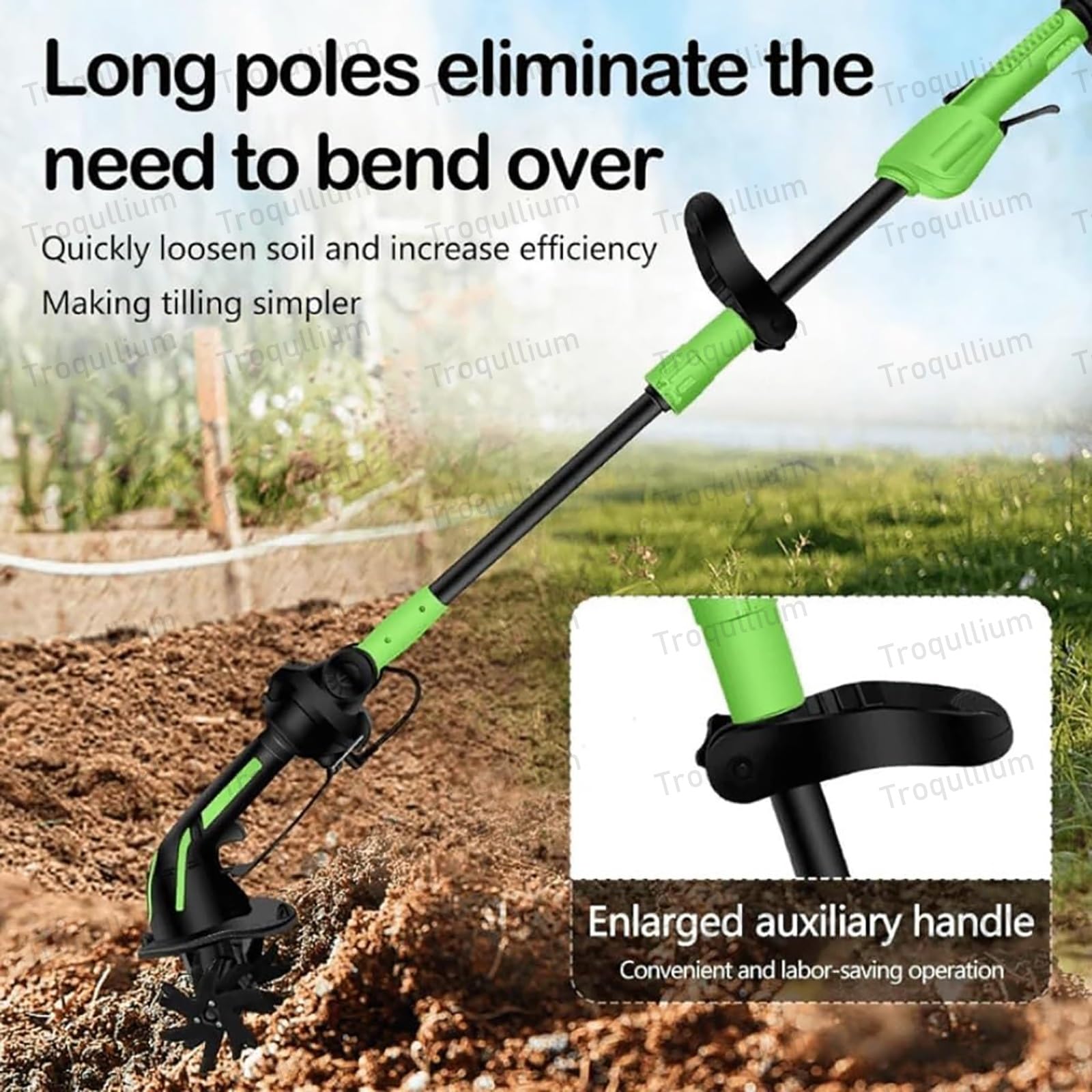 Motobineuse électrique 21V, avec 2batteries 1,5Ah, 4lames métalliques, Largeur de Travail 10cm, Profondeur de Travail 10cm, Vitesse 235tr/min