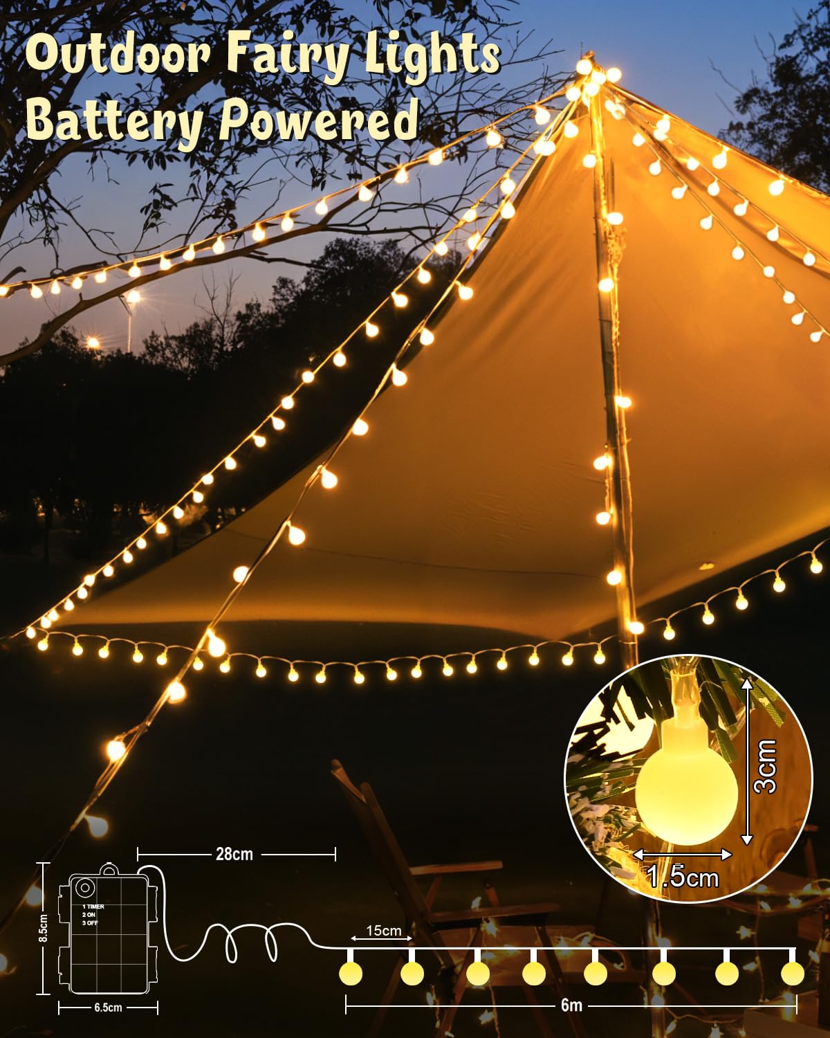 Gcstnn Catena luminosa a batteria, per esterni, 6 m, 40 LED, luce bianca calda, con timer da 6 ore, IP65, impermeabile, per camera da letto, balcone, cameretta dei bambini, decorazione natalizia