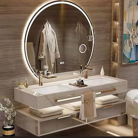 Modern Suspended Vanity with Sink, Wall-Mounted Bathroom Vanity with Quartz Countertop, No Assembly Required, Glass Included | LED Smart Demisting Mirror Cabinet, Sensor Light, Open Storage Shelves