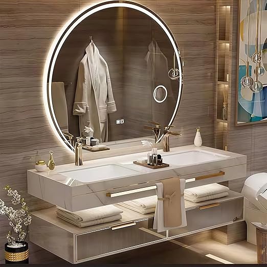 Modern Suspended Vanity with Sink, Wall-Mounted Bathroom Vanity with Quartz Countertop, No Assembly Required, Glass Included | LED Smart Demisting Mirror Cabinet, Sensor Light, Open Storage Shelves