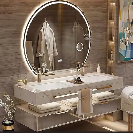 Modern Suspended Vanity with Sink, Wall-Mounted Bathroom Vanity with Quartz Countertop, No Assembly Required, Glass Included | LED Smart Demisting Mirror Cabinet, Sensor Light, Open Storage Shelves