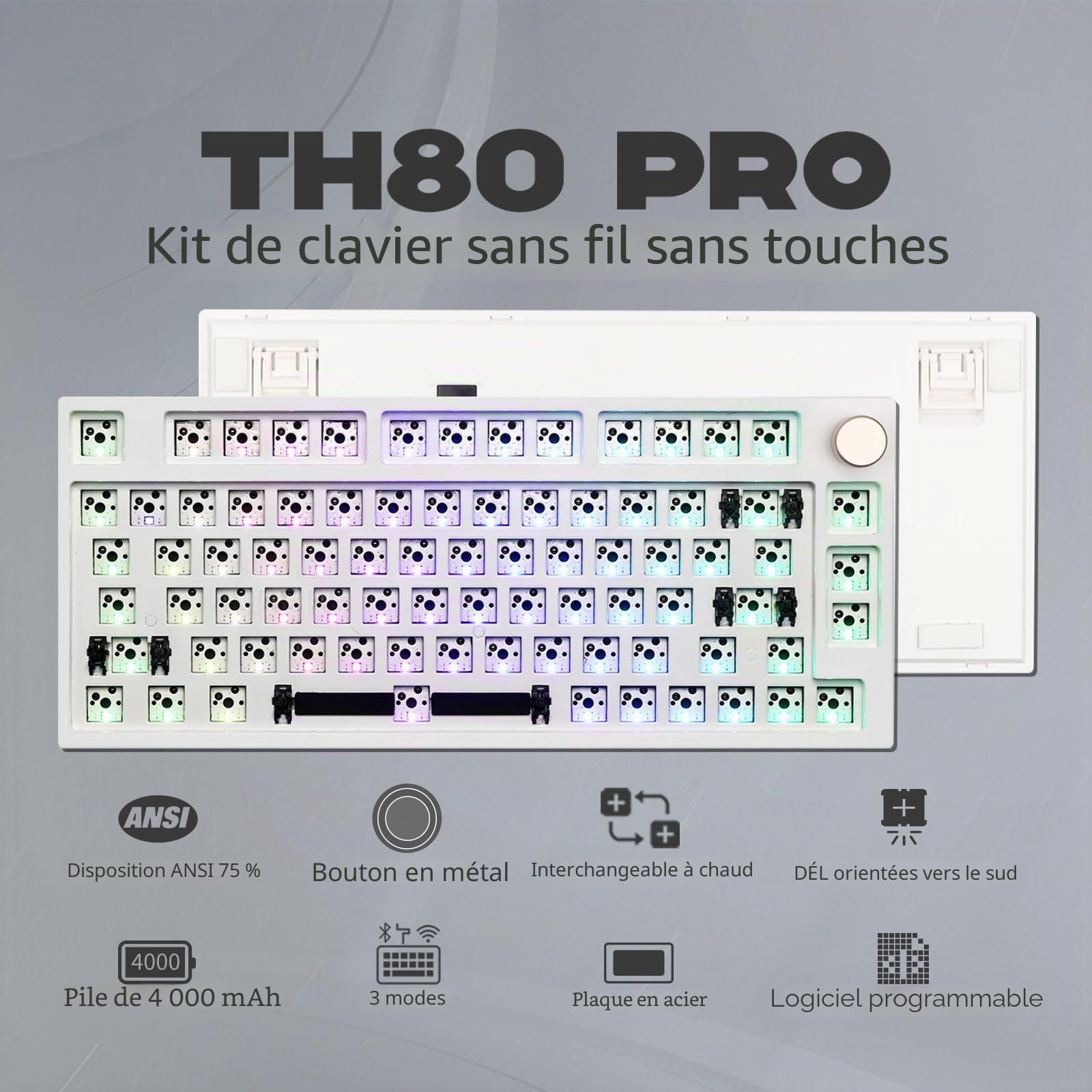 EPOMAKER TH80 Pro 75 % 80 touches à échange à chaud Triple Mode Gaming Keyboard PCB Platting Kit avec mousse à vapeur, LED à facettes South-Facing Compatible avec les commutateurs 3/5 broches (Blanc)