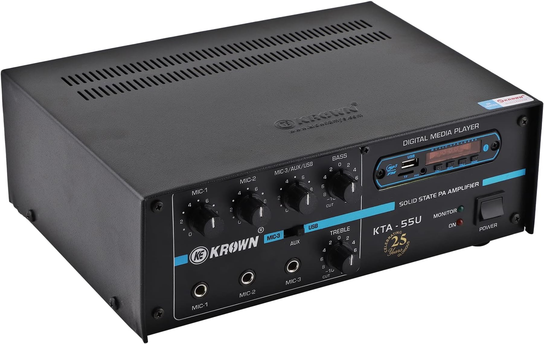 55W PA Amplifier with Bluetooth, USB Player, FM, 3 Mic Input and Aux