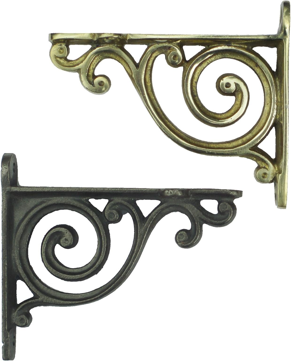 Pair of Small Ornate Bathroom Shelf Brackets with Victorian Scroll Design - Brass or Cast Iron 4" / 10cm (Pair of Brass Brackets)