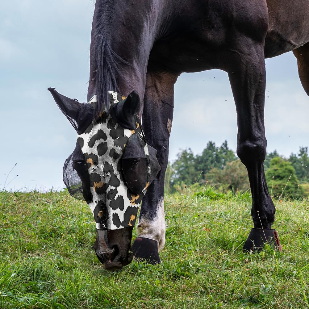 Maschera Antimosche per Cavallo, Maschera Mosche Cavallo Rete Morbida con Paraorecchie, Elasticità Maschera da Mosca per Cavallo con Protezione UV, Anti Mosca, Zanzare(stampa leopardata)
