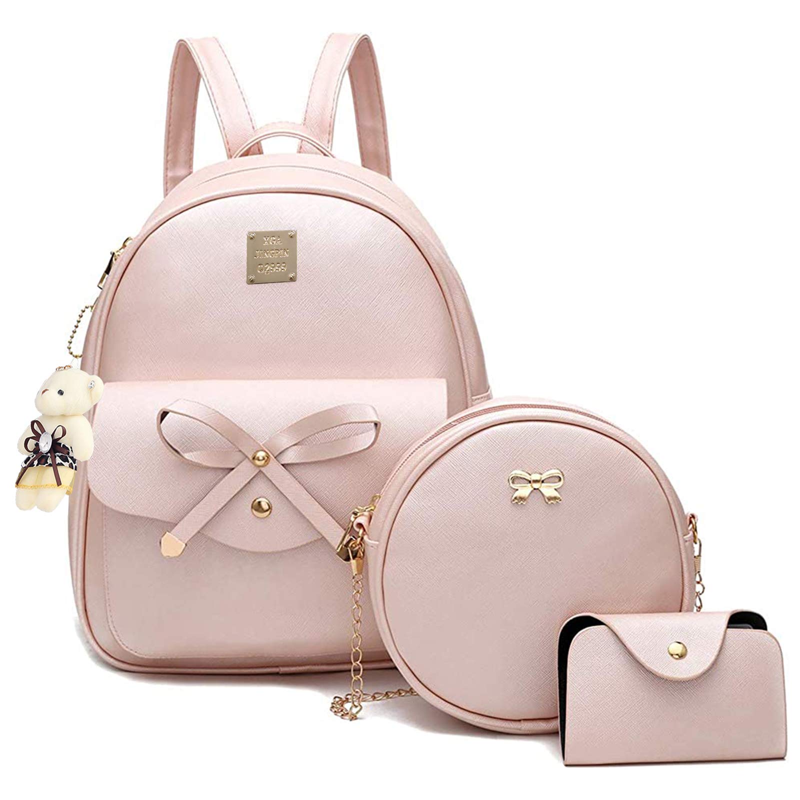 Bowknot Mini Leather Backpack 3-PCS Cute Small Backpack Purse for Women Girls