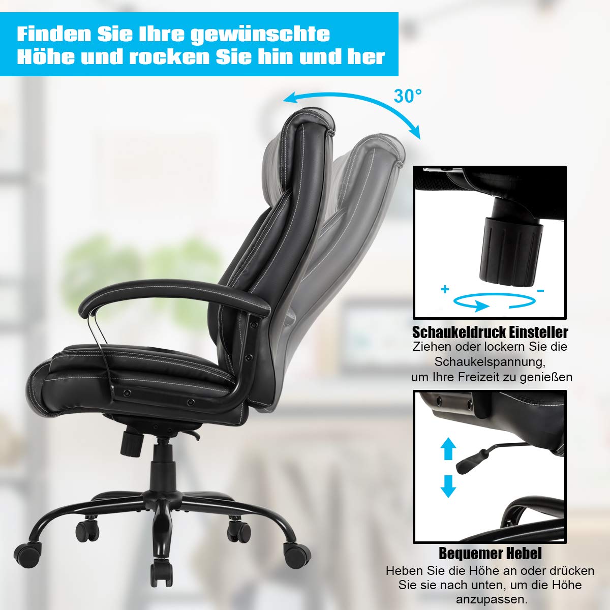 COSTWAY Chefsessel, ergonomischer Bürostuhl bis 220 kg belastbar, Schreibtischstuhl mit Wippfunktion, höhenverstellbar, Computerstuhl, PC Stuhl, Drehstuhl für Große Menschen