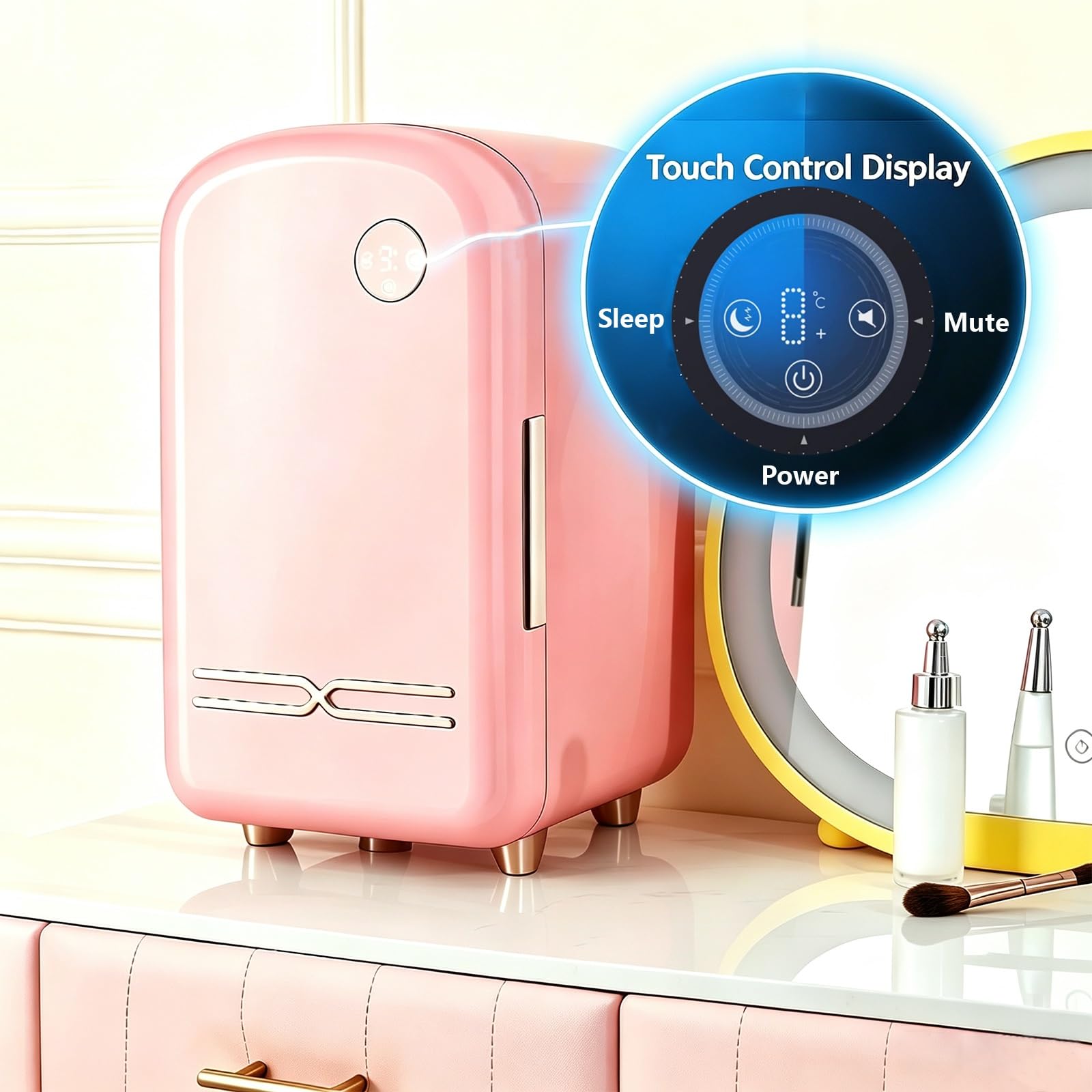 Mini Nevera Cosmética 12L Control Táctil Silencioso 38dB para Dormitorio