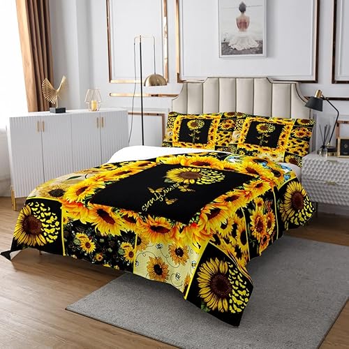 Retro Sunflowers Bedspread Set Queen Size for Kids,Girls Sunflower Print Stitching Quilt Set Yellow Black Bedspread Coverlet Butterfly Bedspread 3