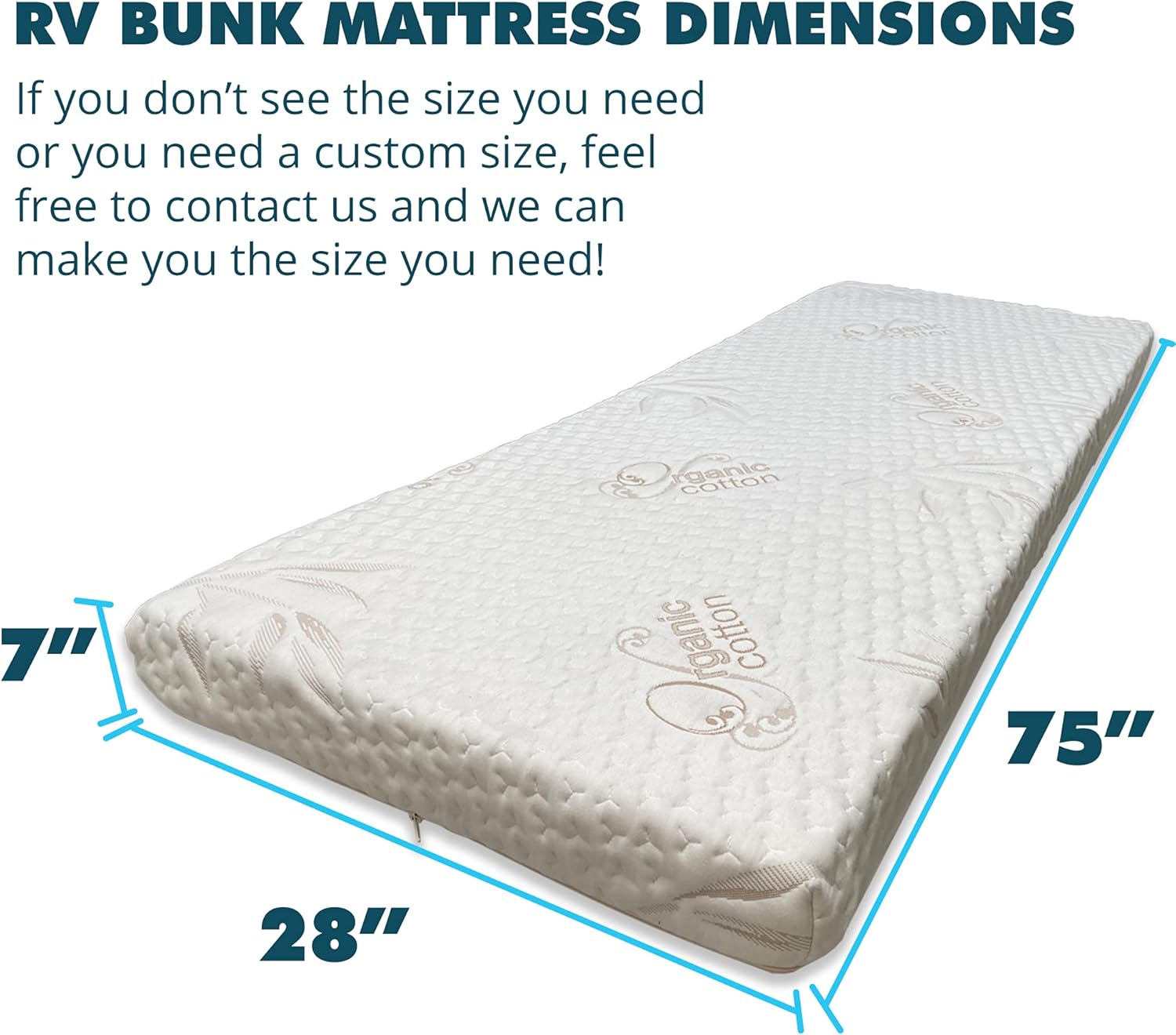 Foamma 7" x 28" x 75" Memory Foam Mattress for RV with Water Resistant Organic Cotton Cover, Firm High Density Foam Base, USA Made, CertiPUR-US Certified Foam